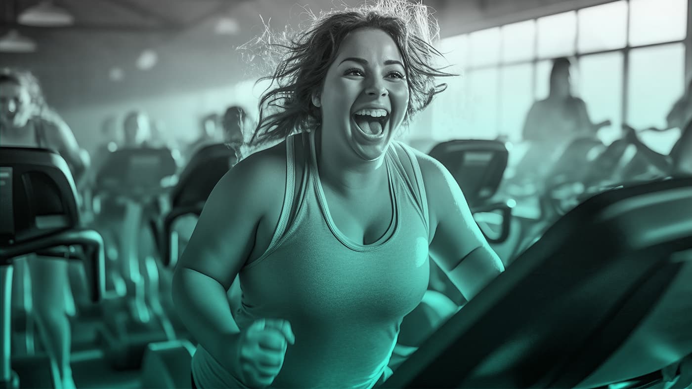 obese vrouw op hardloopband in de sportschool